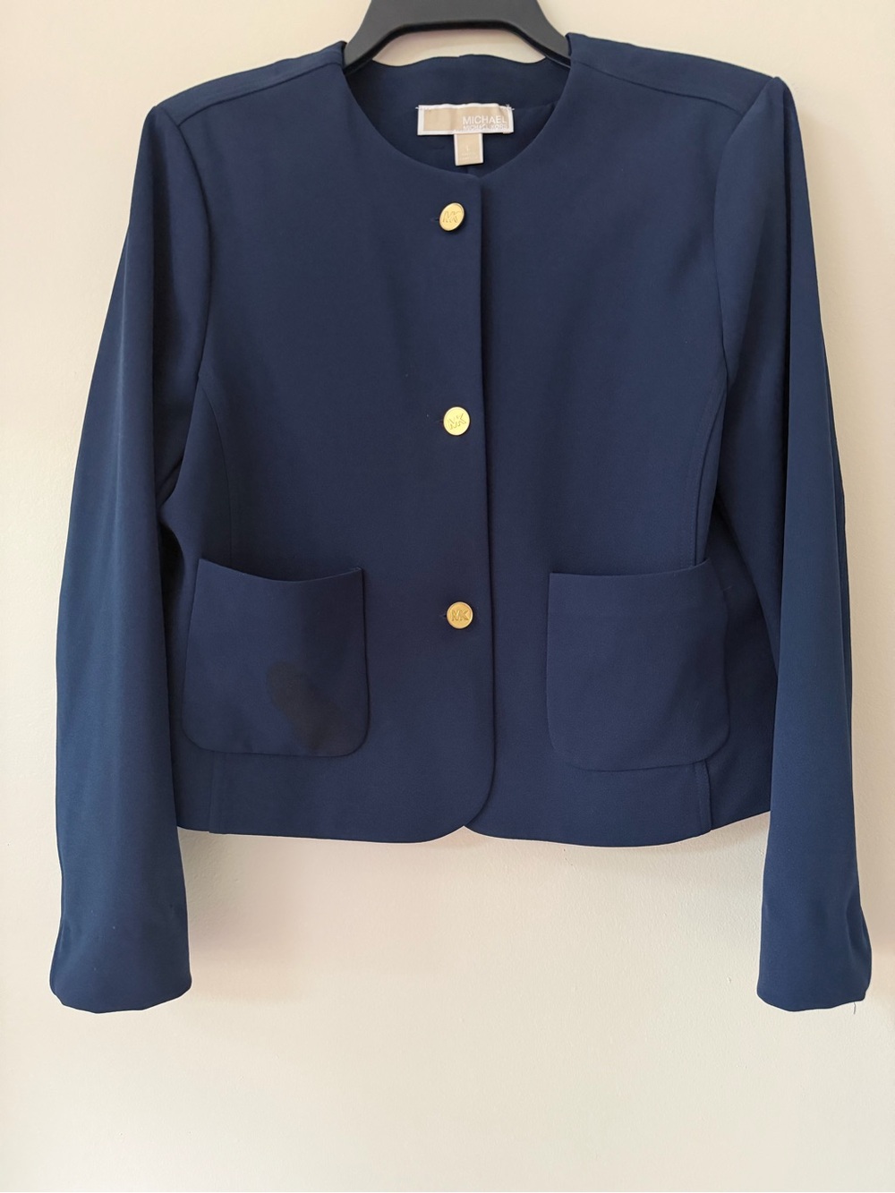 Michael Kors Navy Collarless Blazer with Gold Buttons